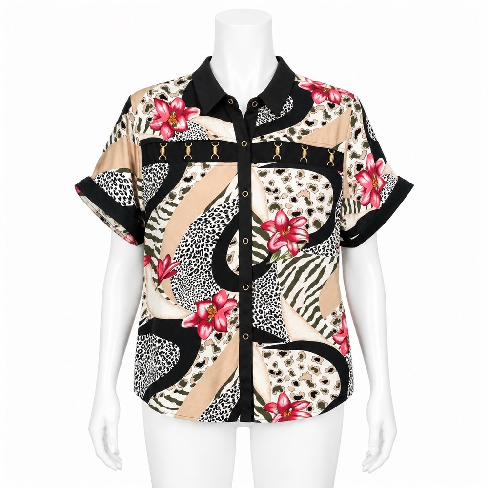 Cache Button Down Shirt Women Medium Multicolor Animal Print Floral Gold Accents